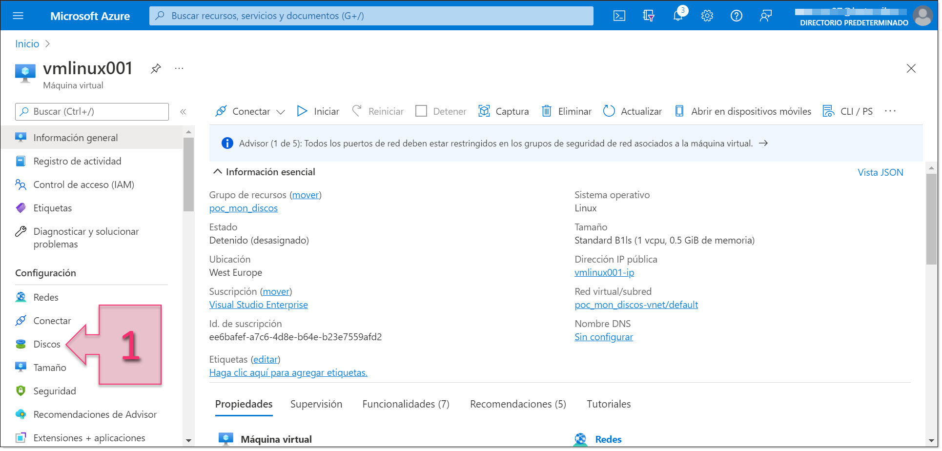 Part 1 - Browse to the Disks section of the VM