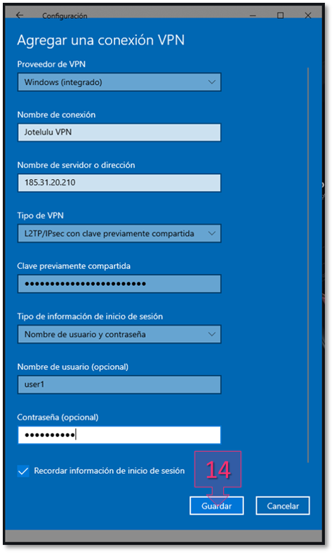 Step 3. Enter and save all the information to configure the remote access VPN on the user device.