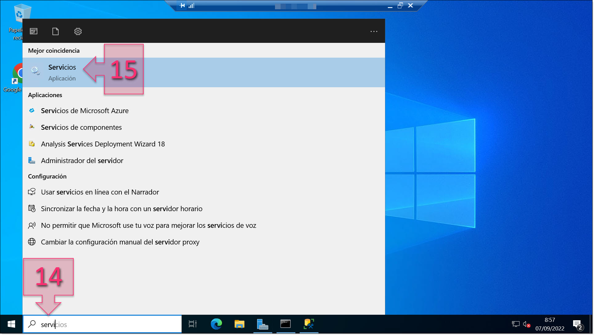 Launch the Services manager from the search bar