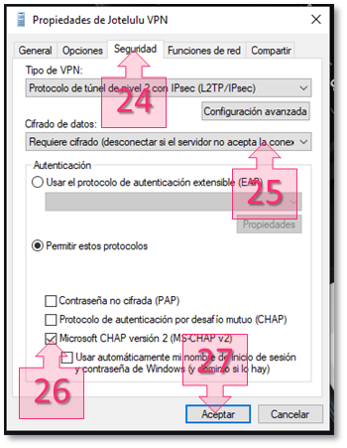 Step 3. Configuring the VPN security settings.