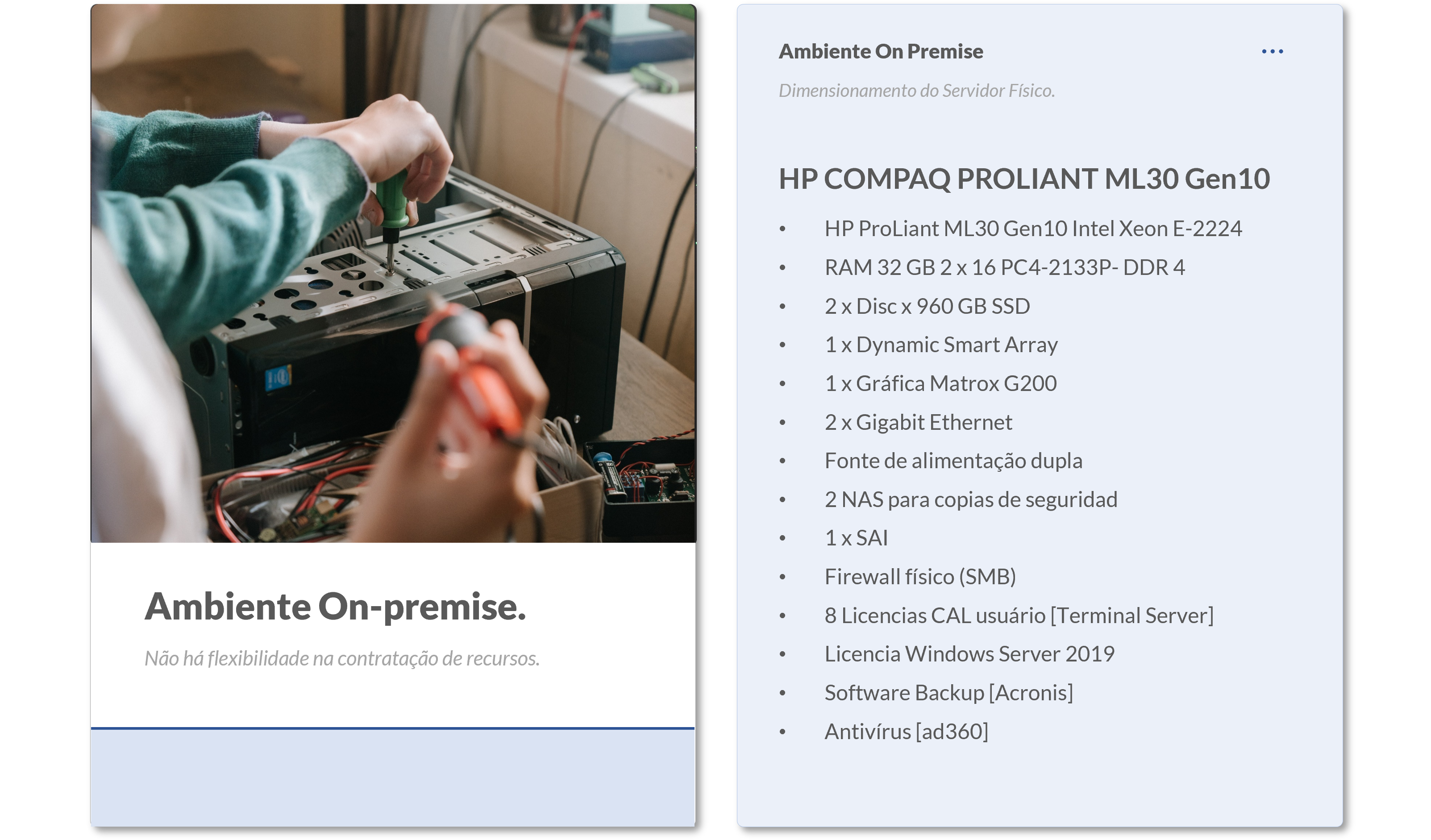 Opção 1. Características de dimensionamento de um servidor físico para 8 utilizadores