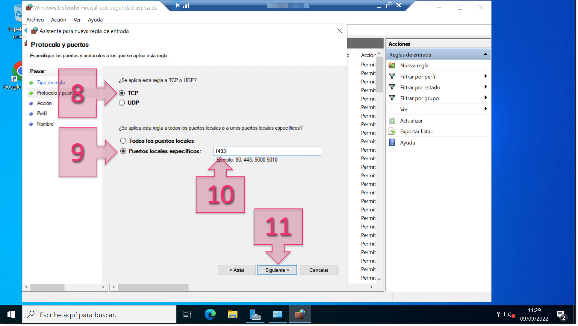 Select the port protocol and enter the port number(s)
